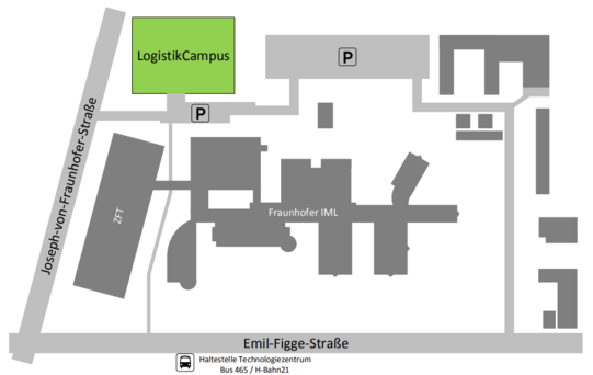 Anfahrtsskizze zum LogistikCampus Zu sehen ist eine Anfahrtsskizze zum LogistikCampus. Der Logistik Campus ist durch die H-Bahn und Bushaltestelle "Technologiezentrum" zu erreichen. Bei Anreise mit der H-Bahn ist die Emil-Figge-Straße zu überqueren. Anschließend führt ein schmaler weg durch ein Tor, das letztendlich zum Eingang des Logistik Campus führt